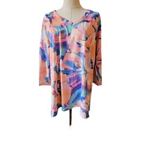 Soft Surroundings V-Neck Watercolor Floral Abstract Tunic Top Women Size L Multi
